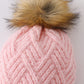 Pink cross cable knit pom pom beanie hat baby toddler adult