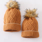 Camel cross cable knit pom pom beanie hat baby toddler adult