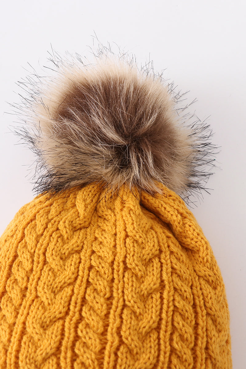 Mustard cable knit pom pom beanie hat baby toddler adult