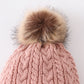 Dust rose cable knit pom pom beanie hat baby toddler adult