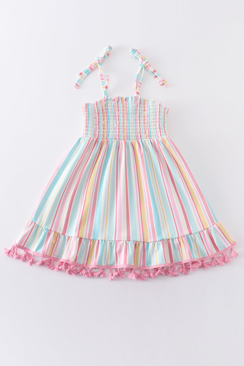 Pink stripe smocked strap dress