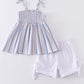 Blue stripe smocked strap girl set