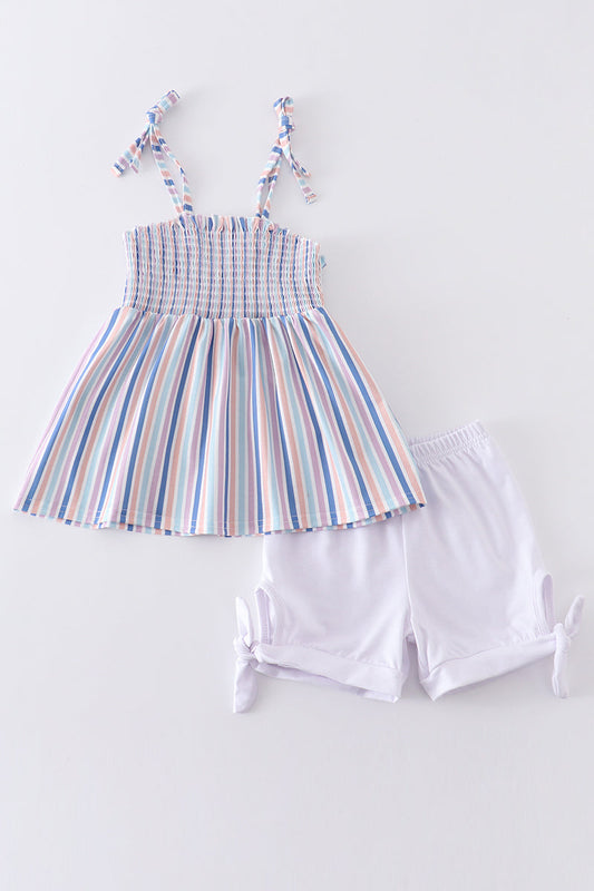 Blue stripe smocked strap girl set