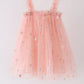 Pink strap daisy embroidery tulle dress