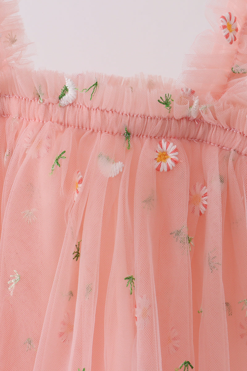 Pink strap daisy embroidery tulle dress