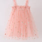 Pink strap daisy embroidery tulle dress