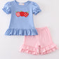 Blue apple applique girl set