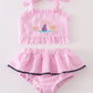 Pink seersucker mermaid embroidery 2pc girl swimsuit