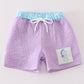 Purple seersucker seahorse embroidery boy swim trunks