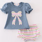 Blue bow applique girl bloomer set