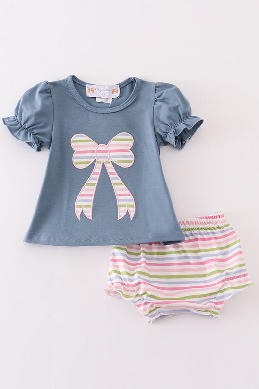 Blue bow applique girl bloomer set