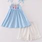 Blue princess embroidery ruffle girl set