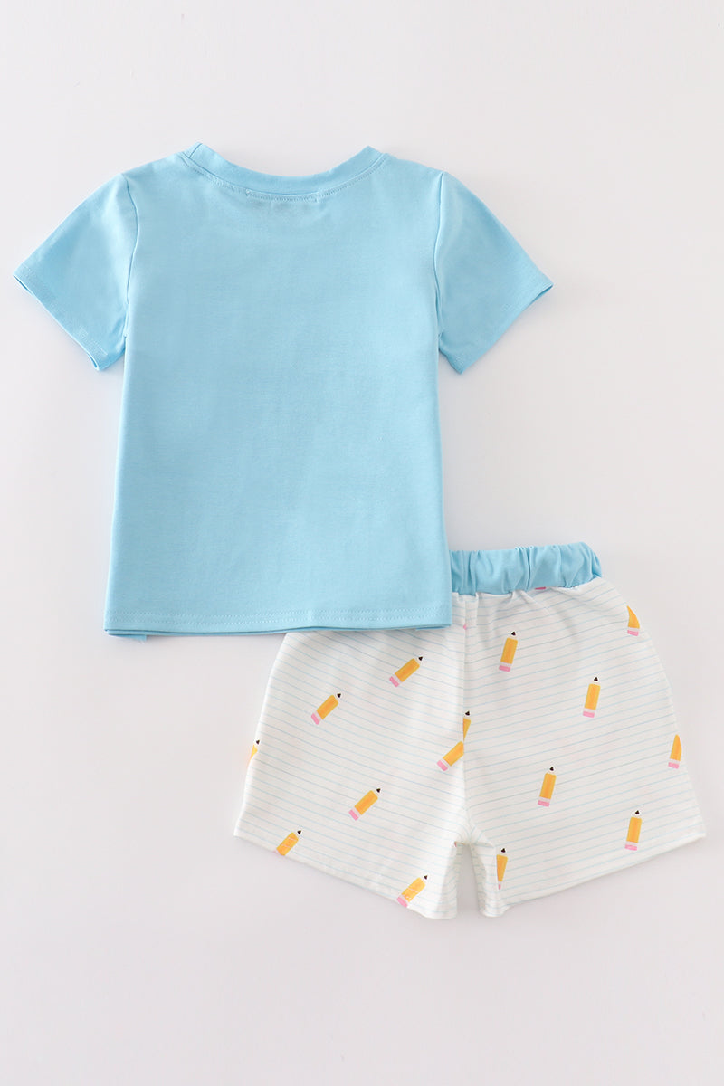 Blue pencil embroidery boy shorts set