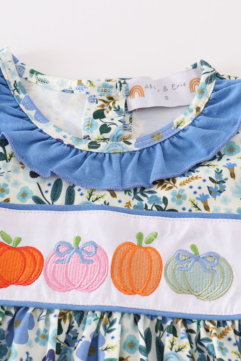 Blue floral pumpkin embroidery ruffle dress