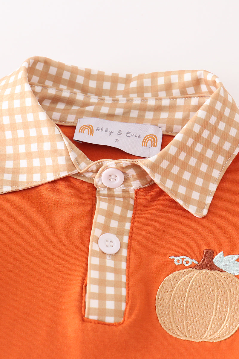 Brown pumpkin embroidery plaid boy set