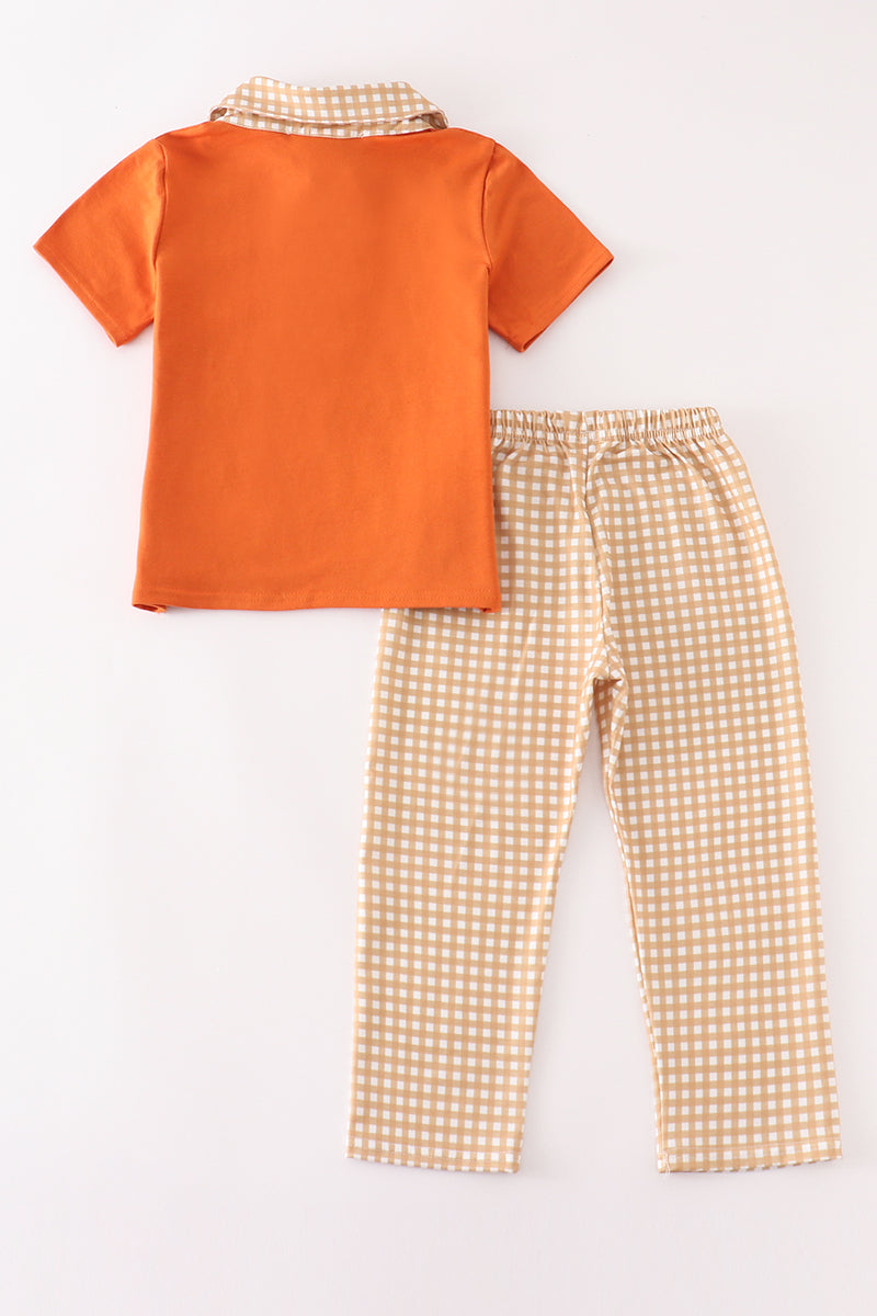 Brown pumpkin embroidery plaid boy set