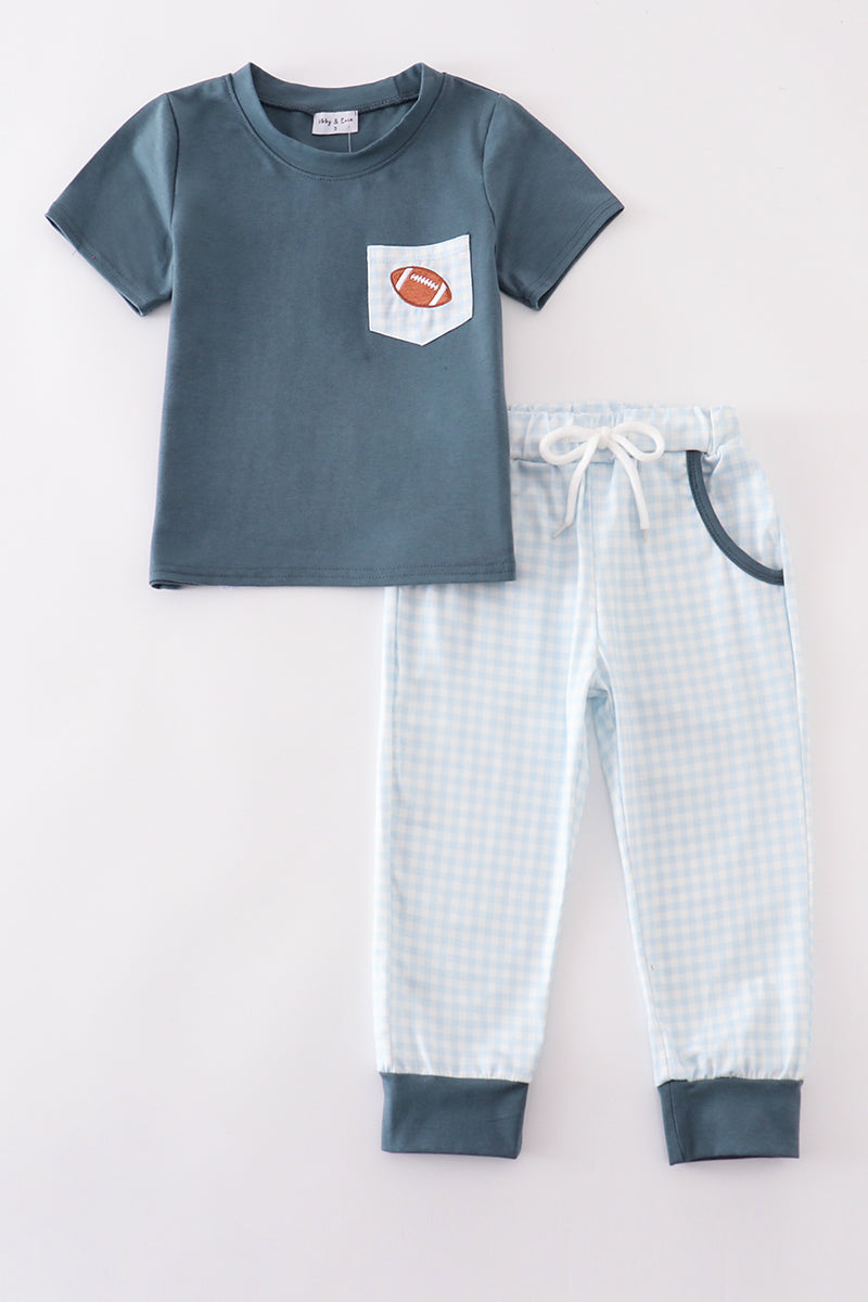 Blue football embroidery boy set