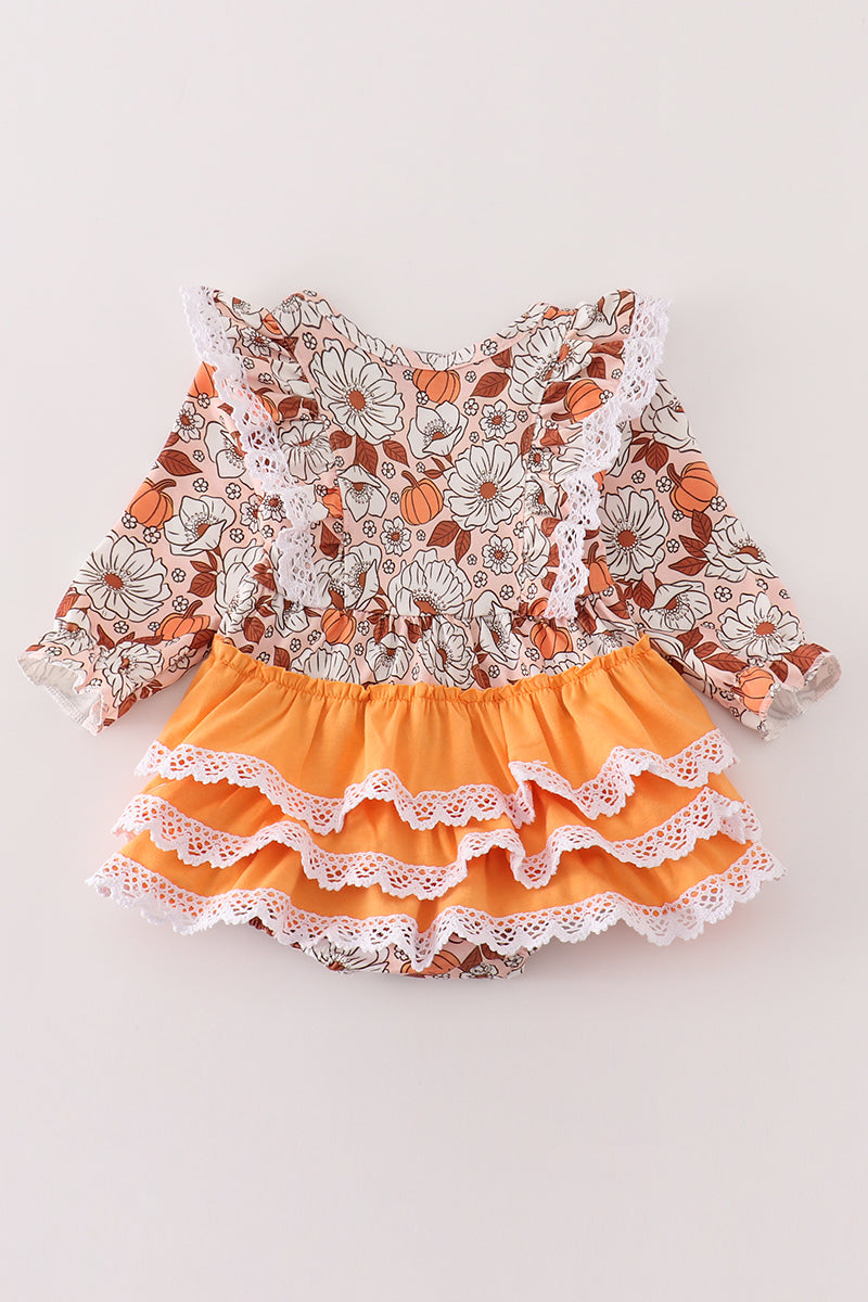 Pumpkin floral print lace ruffle bubble