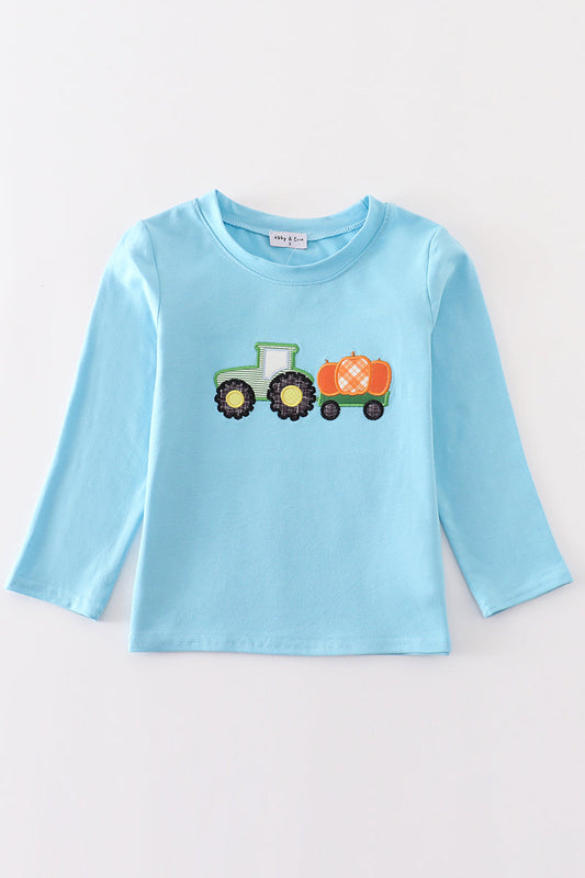 Blue truck pumpkin applique boy top