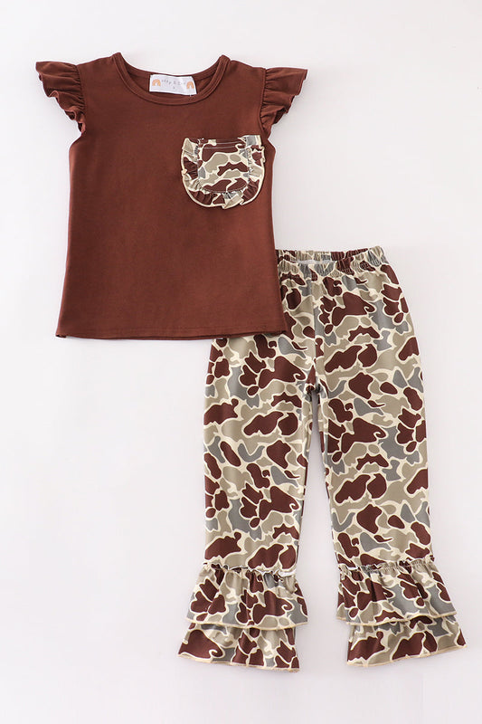 Brown camouflage ruffle girl set