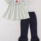 Sage turkey embroidery gingham girl set