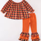 Orange turkey embroidery smocked plaid girl set