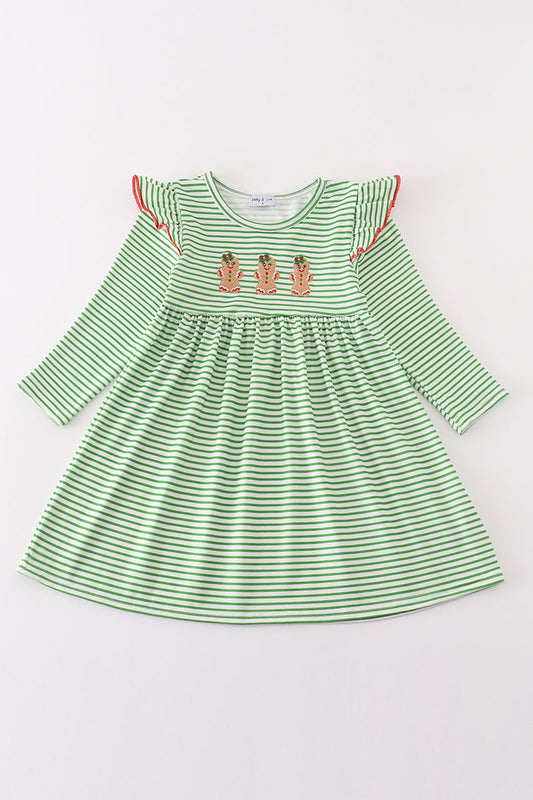 Green stripe christmas gingerbread embroidery dress