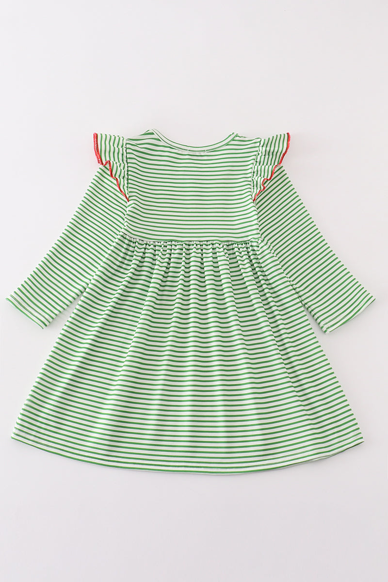 Green stripe christmas gingerbread embroidery dress