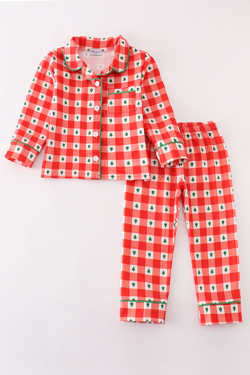 Red christmas tree gingham boy pajamas set