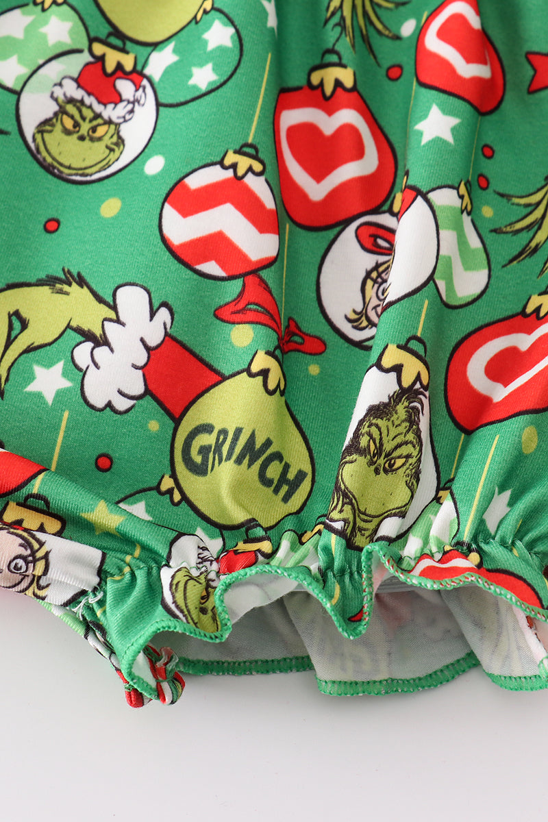 Green grinch print girl ruffle bubble