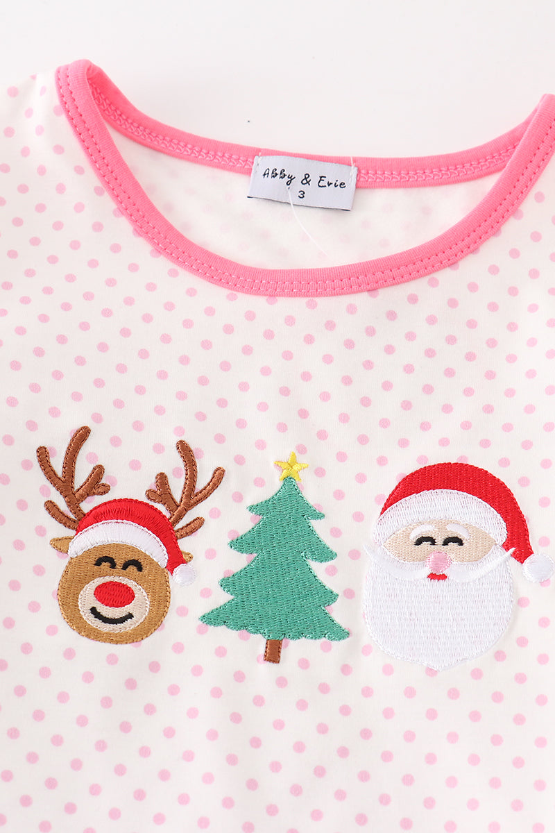 Pink christmas santa reindeer tree embroidery girl set