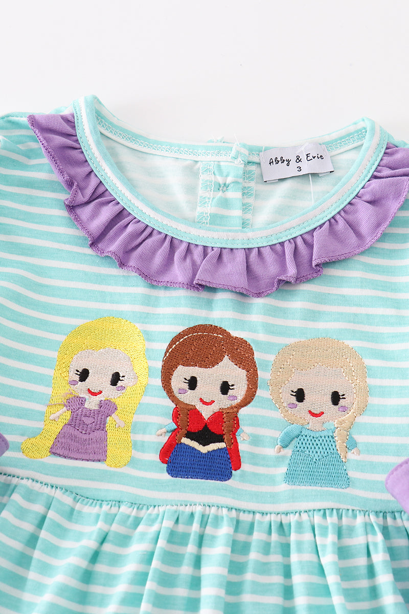 Green stripe princess embroidery girl dress