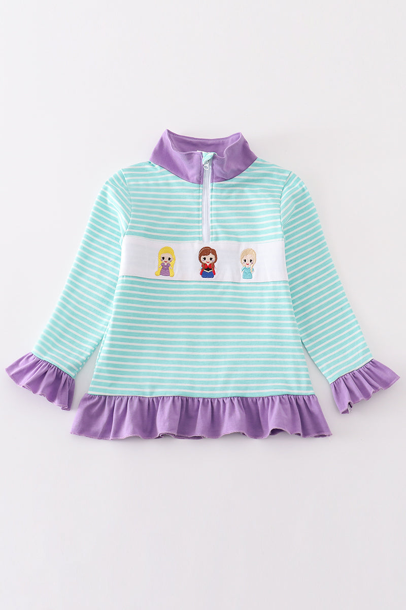 Green stripe princess embroidery girl pullover