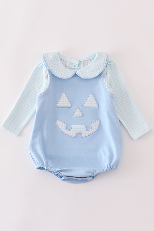 Blue checkered halloween applique baby romper set