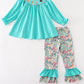 Teal floral print forest animal embroidery girl set