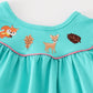 Teal floral print forest animal embroidery girl set