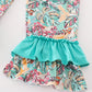 Teal floral print forest animal embroidery girl set