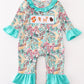 Teal floral print forest animal embroidery girl romper