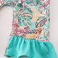 Teal floral print forest animal embroidery girl romper