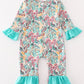 Teal floral print forest animal embroidery girl romper