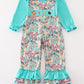 Teal floral print forest animal embroidery 2pc girl jumpsuit set