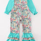 Teal floral print forest animal embroidery 2pc girl jumpsuit set