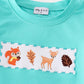 Teal floral print forest animal embroidery boy set