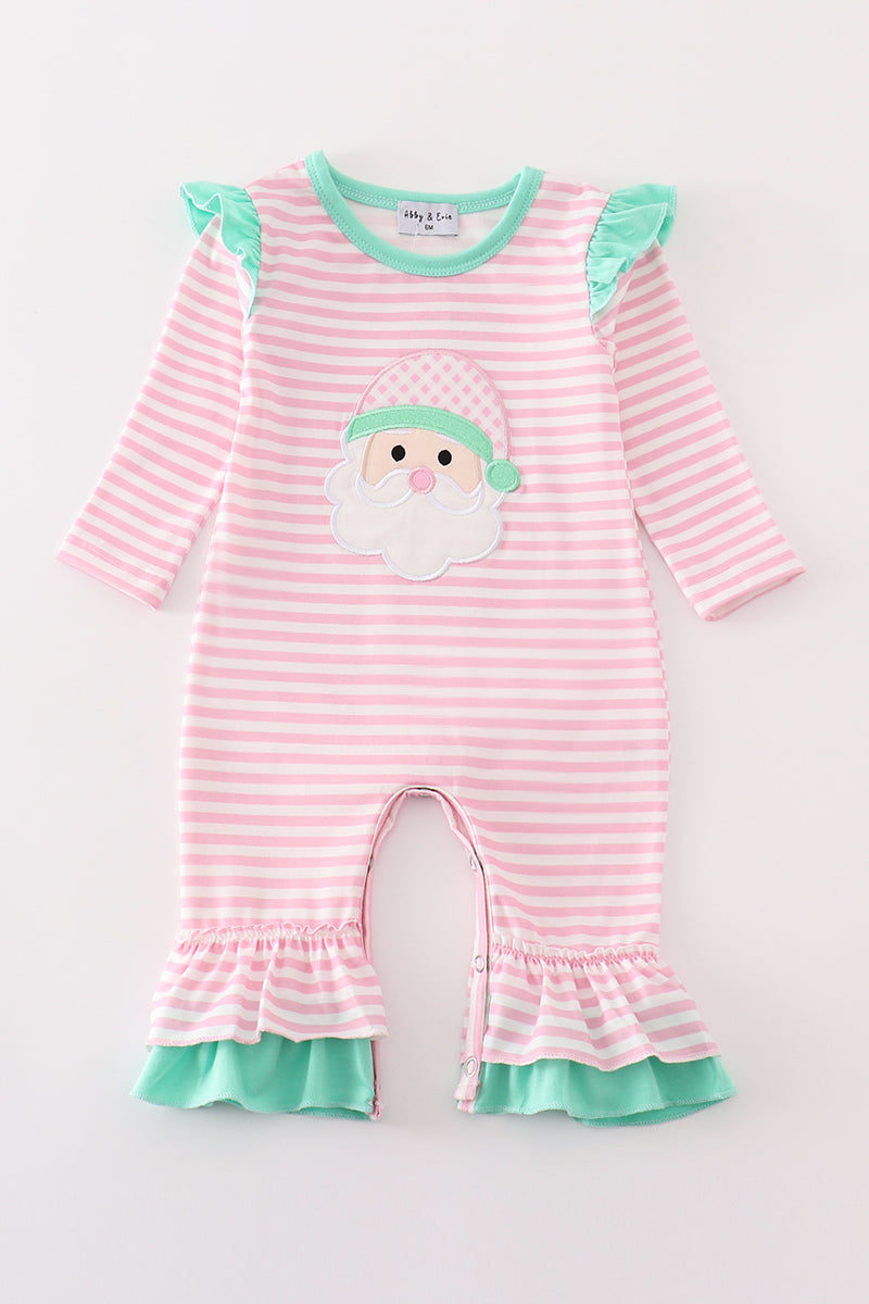 Pink stripe christmas santa claus applique girl romper