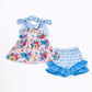 Blue floral print plaid ruffle girl set