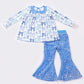 Blue bow print sequin girl pants set