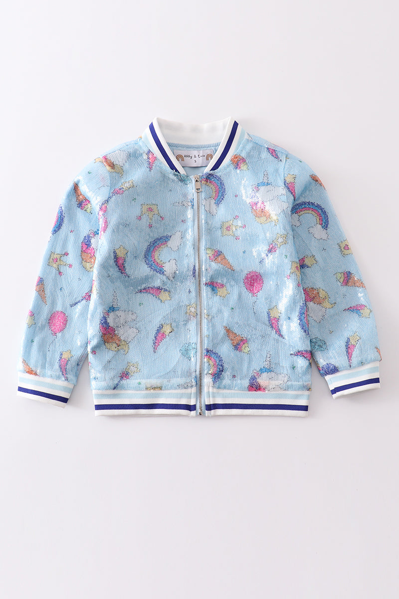 Blue unicorn sequin bomber jacket