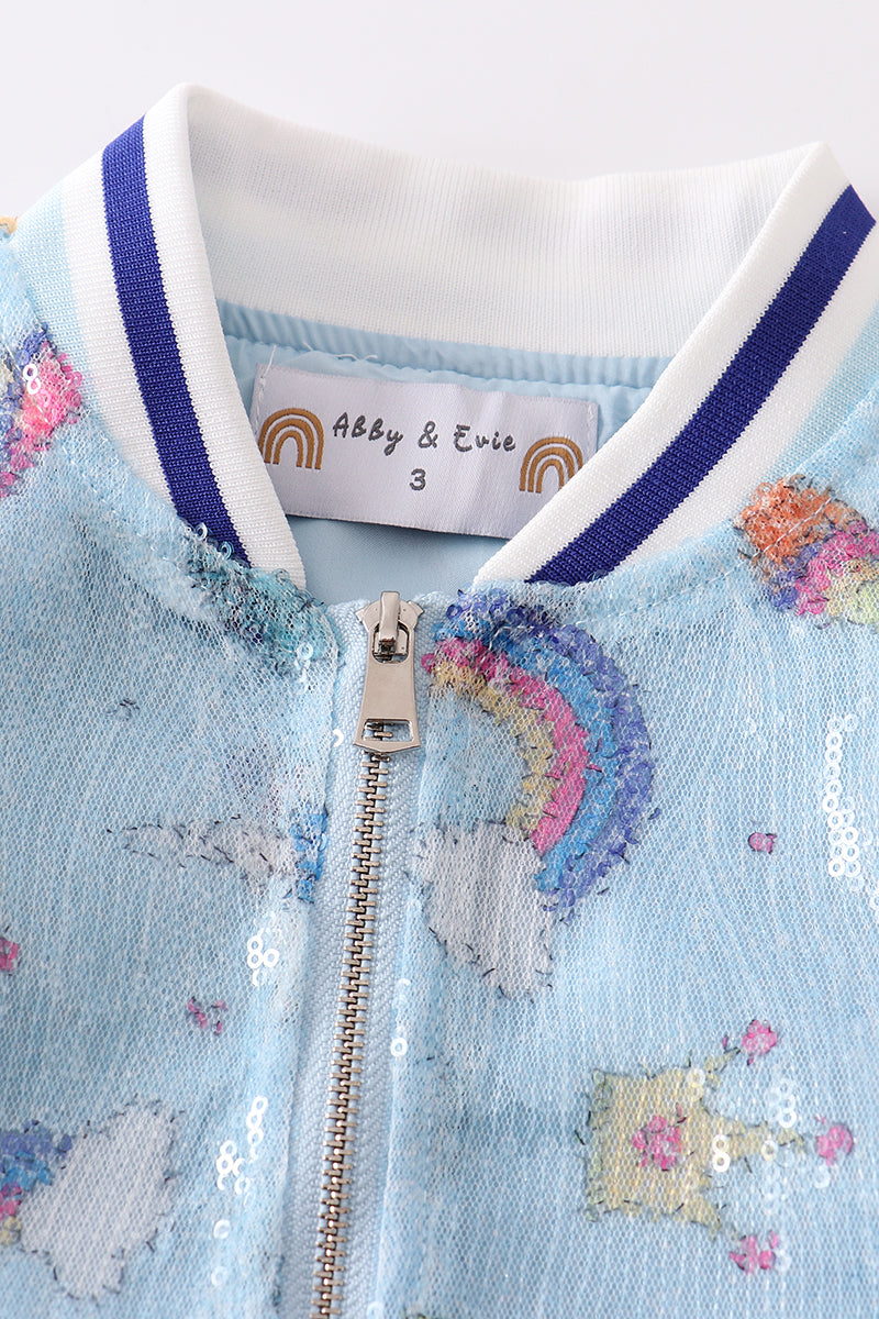 Blue unicorn sequin bomber jacket