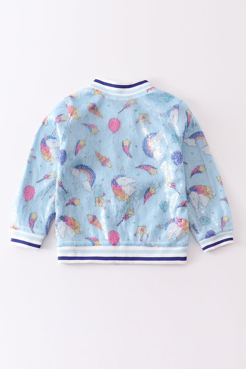 Blue unicorn sequin bomber jacket