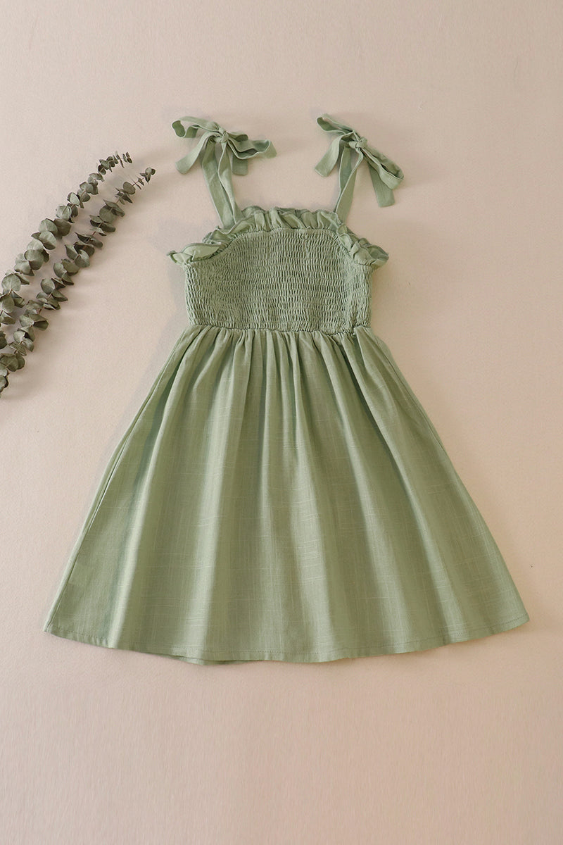 Sage linen smocked button dress